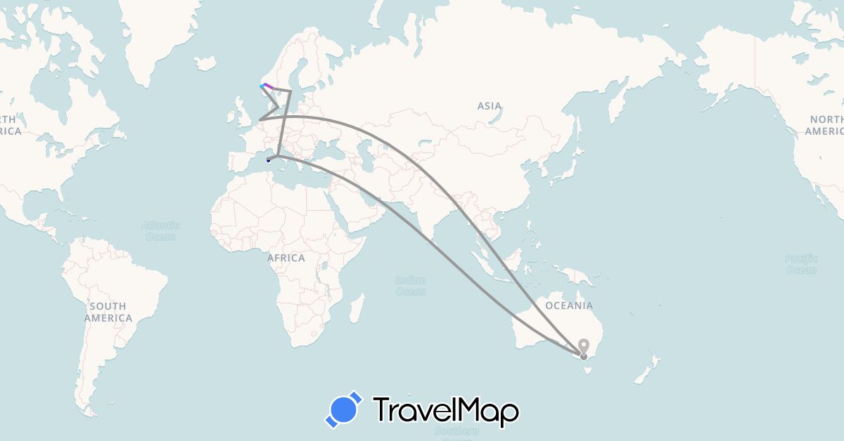 TravelMap itinerary: driving, plane, train, boat in Australia, Denmark, Italy, Netherlands, Norway, Sweden (Europe, Oceania)